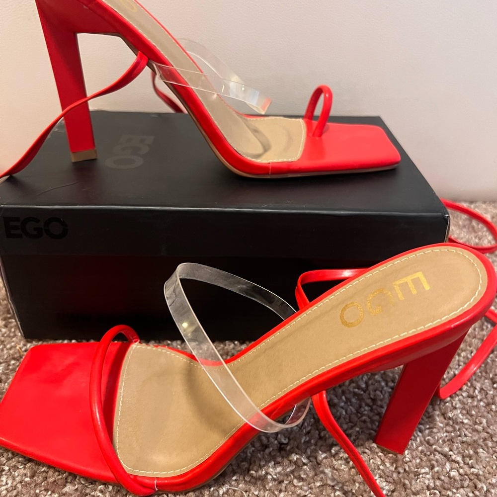 EGO Red Square Toe Clear Strap Lace Up Heels